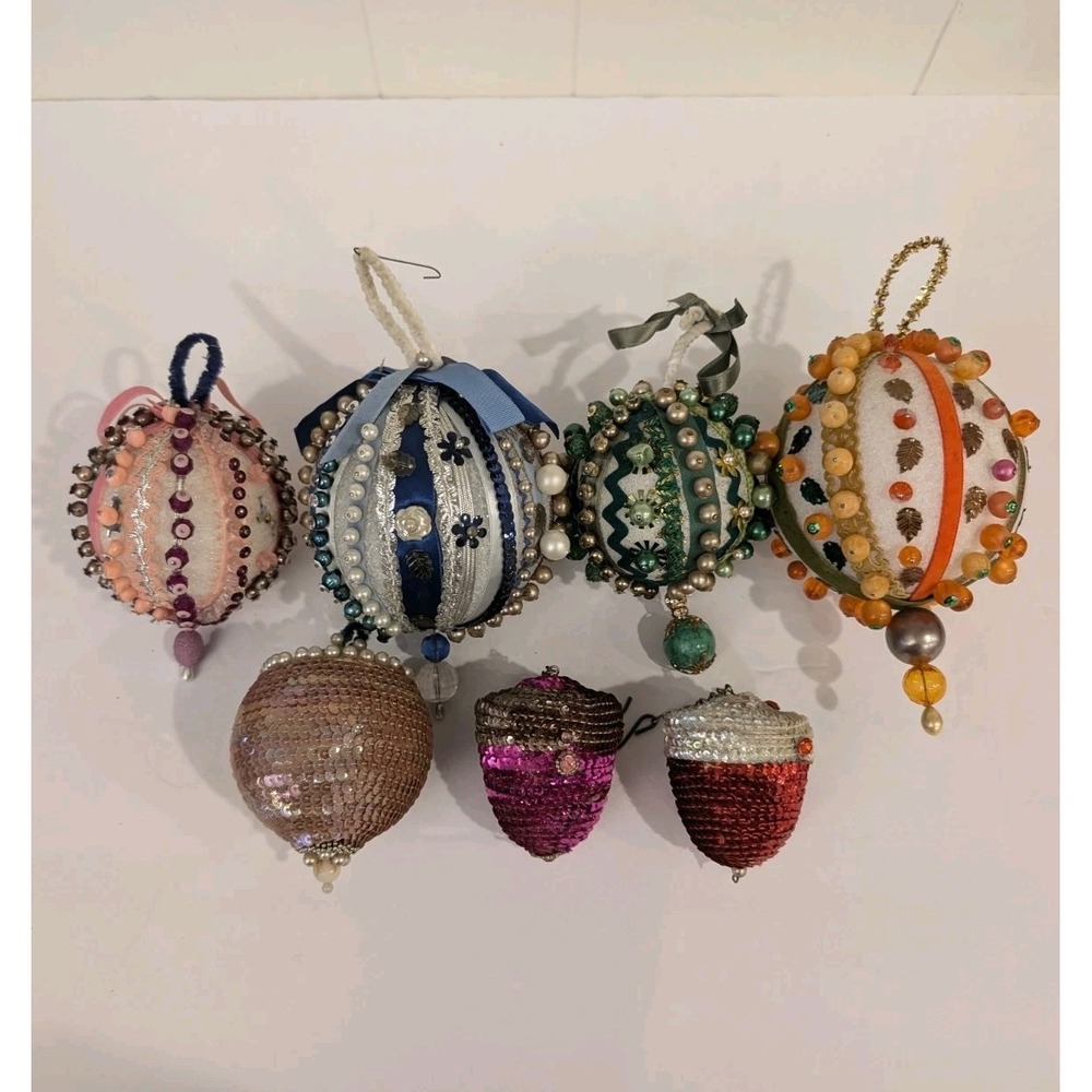 VTG Fancy Push Pin Large Christmas Ornaments LOT OF 7 Handmade Gems Sequence